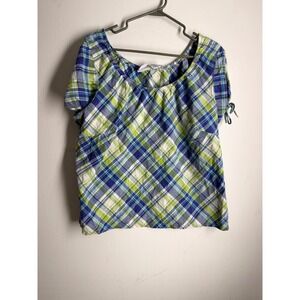 Carolina Blues Plaid Peasant Top Women 16W Blue Green Cotton Short Sleeve Blouse